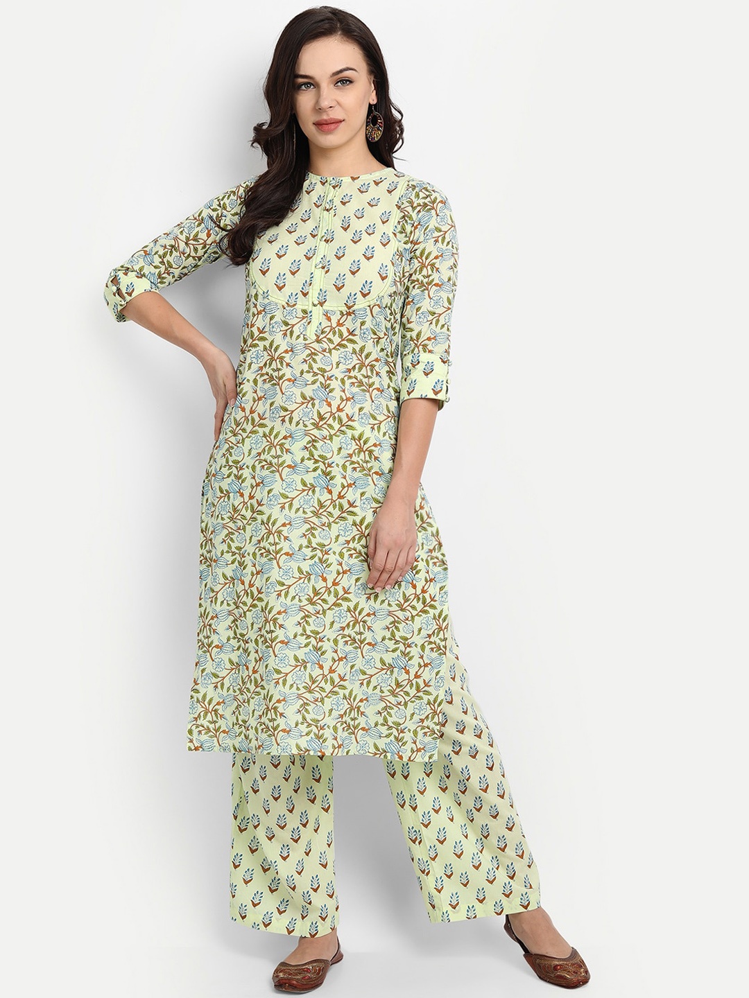 

githaan Women Lime Green Ethnic Motifs Printed Empire Pure Cotton Kurti with Palazzos
