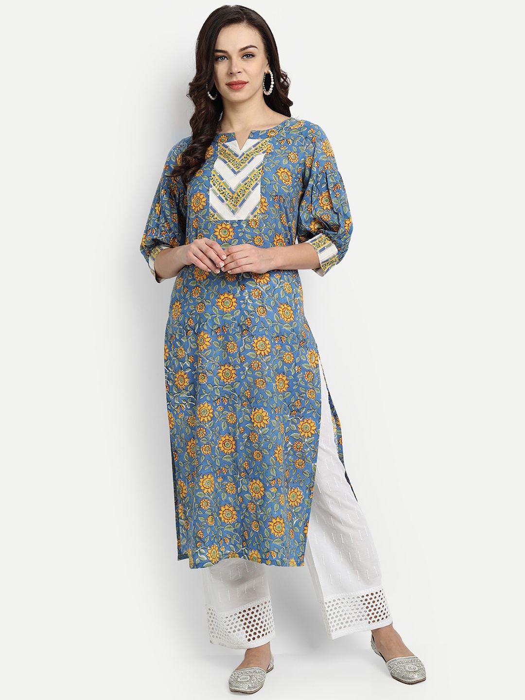 

githaan Women Blue Floral Printed Pure Cotton Kurta with Trousers