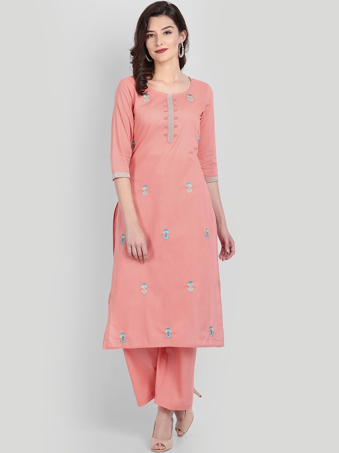 

githaan Women Pink Floral Embroidered Layered Pure Cotton Kurti with Trousers