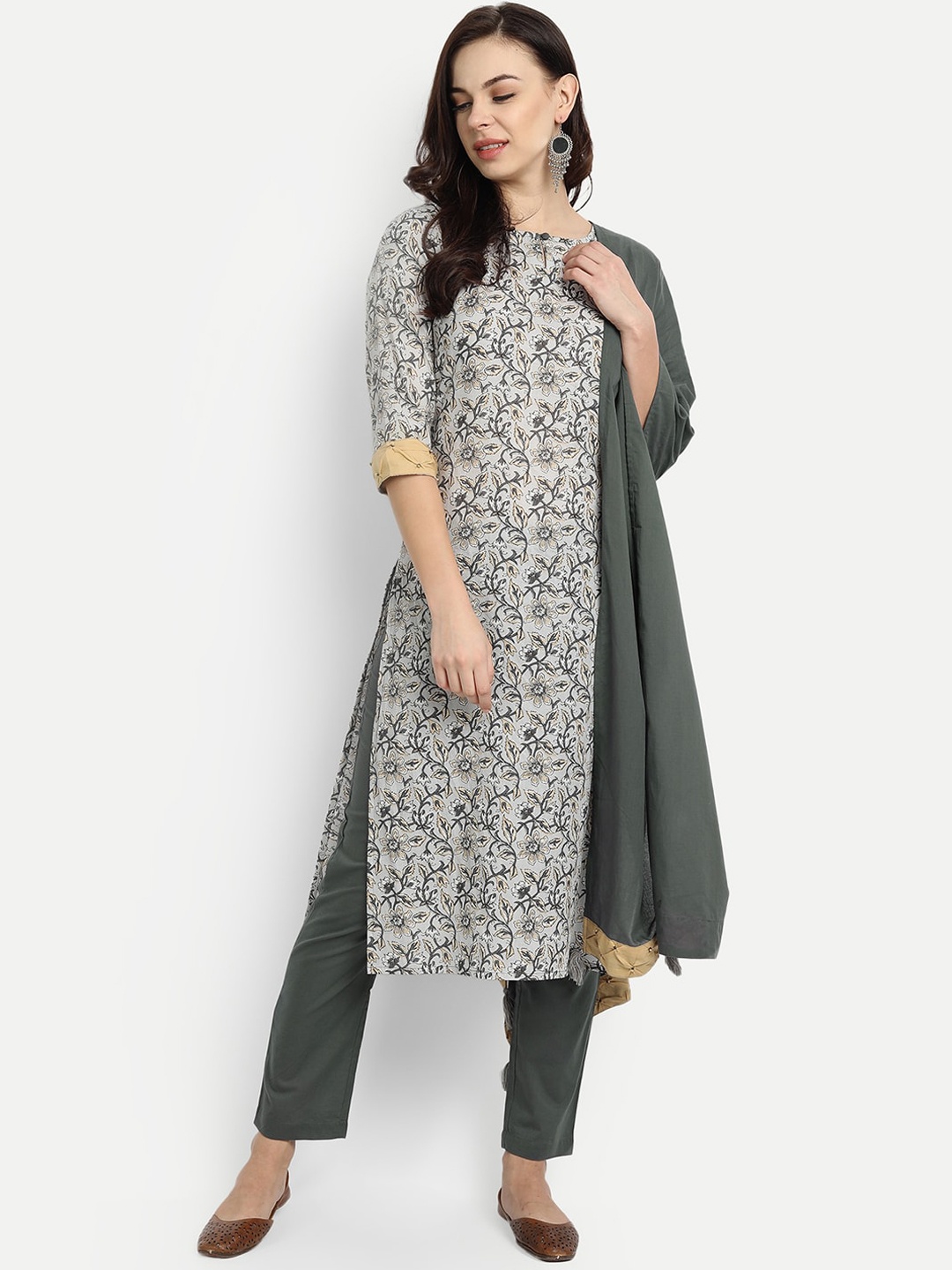 

githaan Women Grey Ethnic Motifs Printed Pure Cotton Kurta with Trousers & With Dupatta