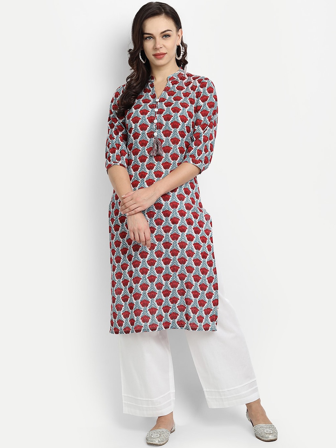 

githaan Women Red Ethnic Motifs Printed Pure Cotton Kurta with Palazzos