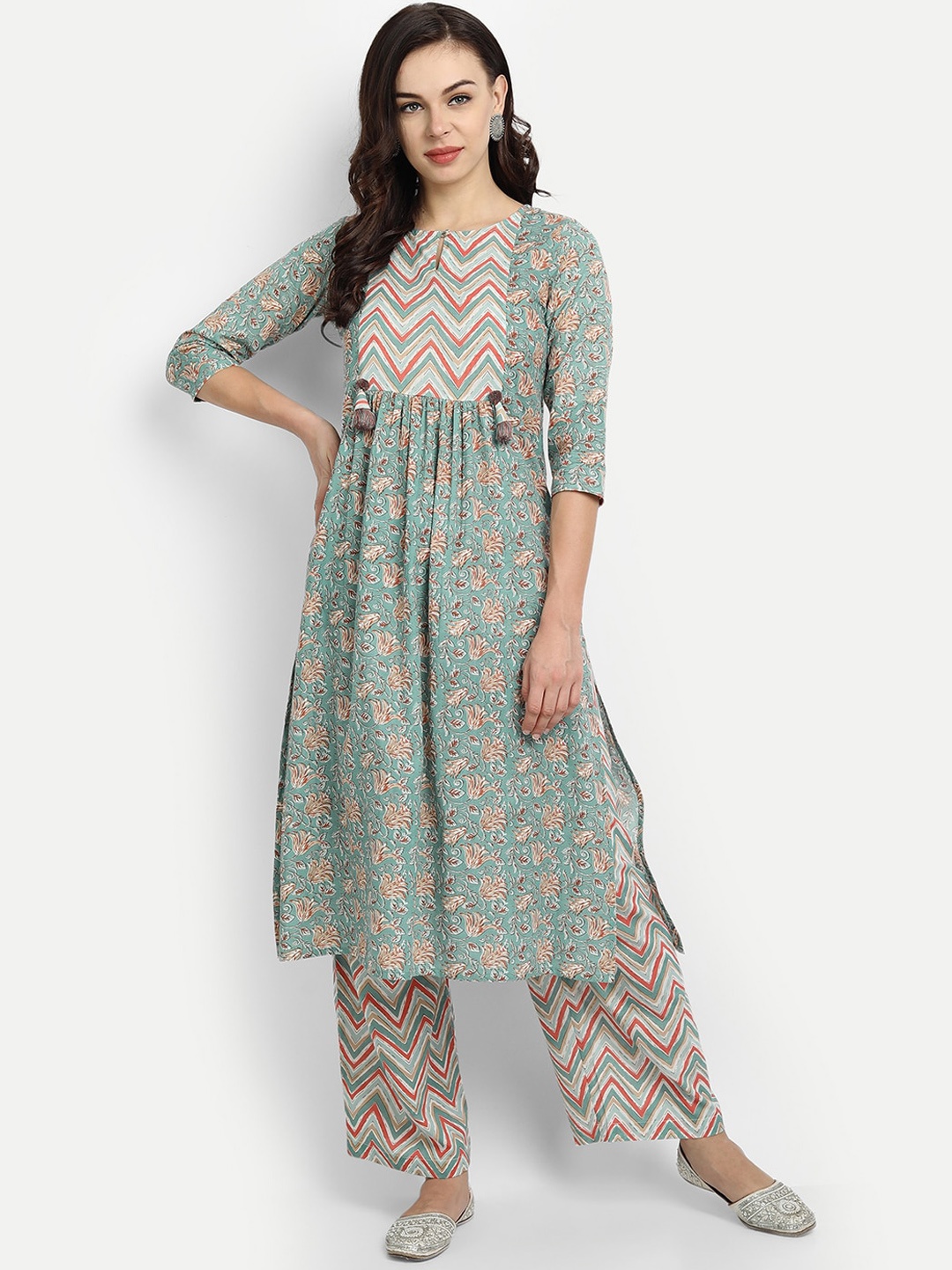 

githaan Women Multicoloured Ethnic Motifs Printed Pleated Pure Cotton Kurta with Trousers, Multi