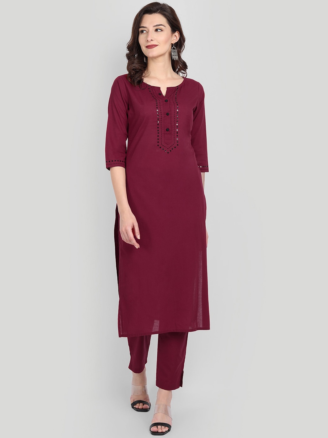 

githaan Women Maroon Embroidered Layered Pure Cotton Kurti with Trousers
