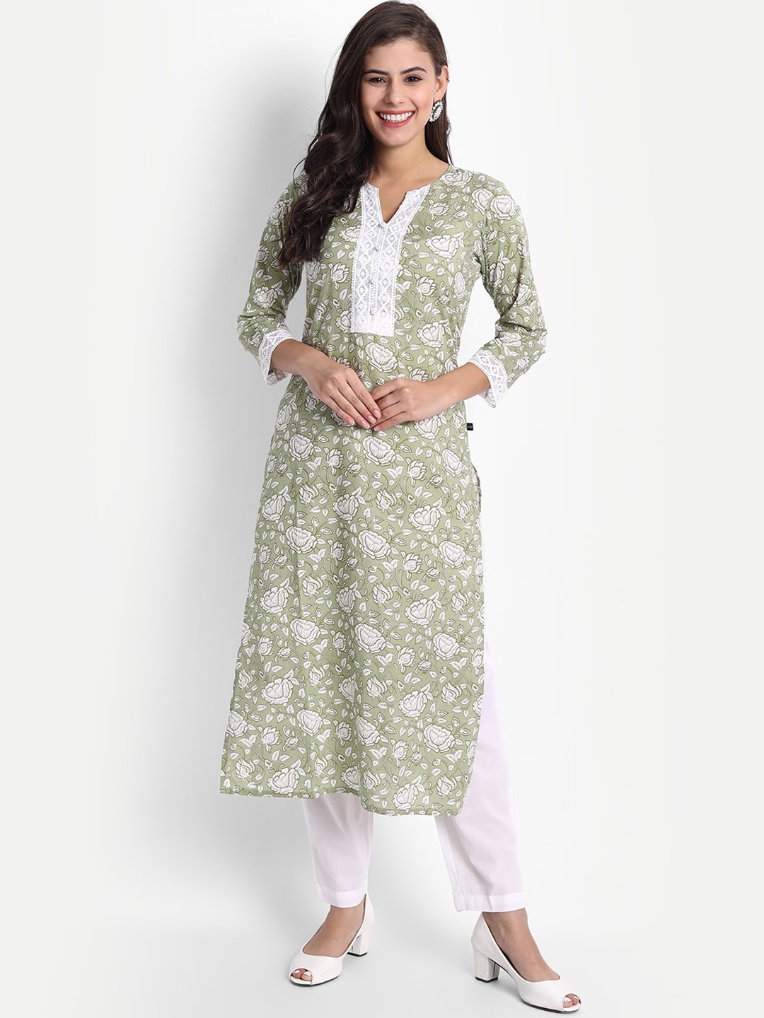 

githaan Women Green Floral Printed Pure Cotton Kurta with Trousers