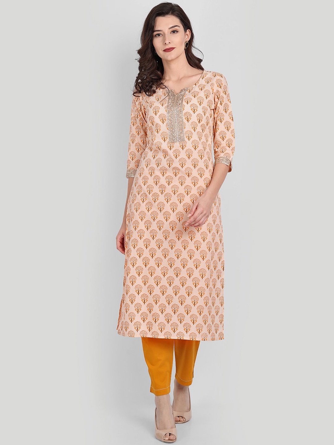 

githaan Women Mustard Yellow Ethnic Motifs Pleated Sequinned Pure Cotton Kurti with Trousers