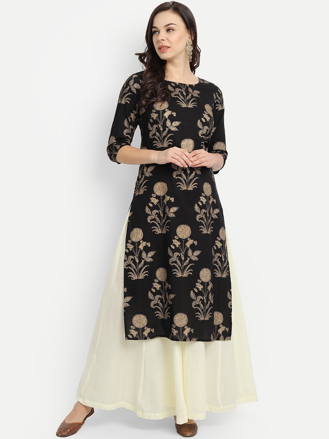 

githaan Women Black Ethnic Motifs Printed Pure Cotton Kurta with Palazzos