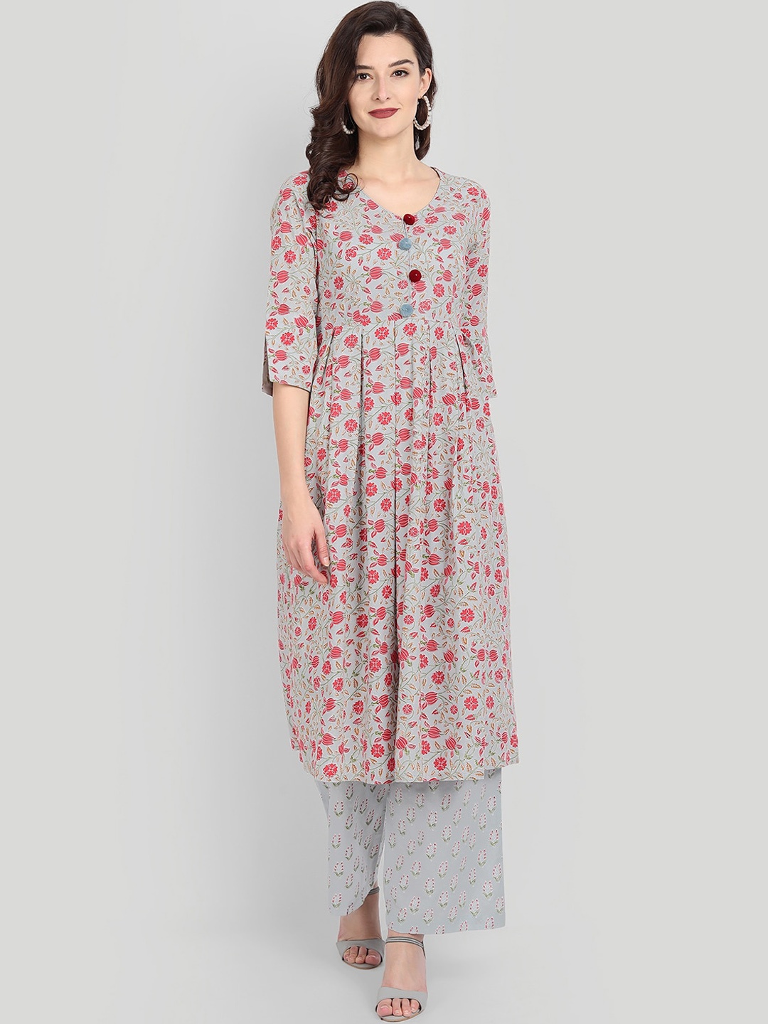 

githaan Women Blue Printed Pleated Pure Cotton Kurti with Trousers