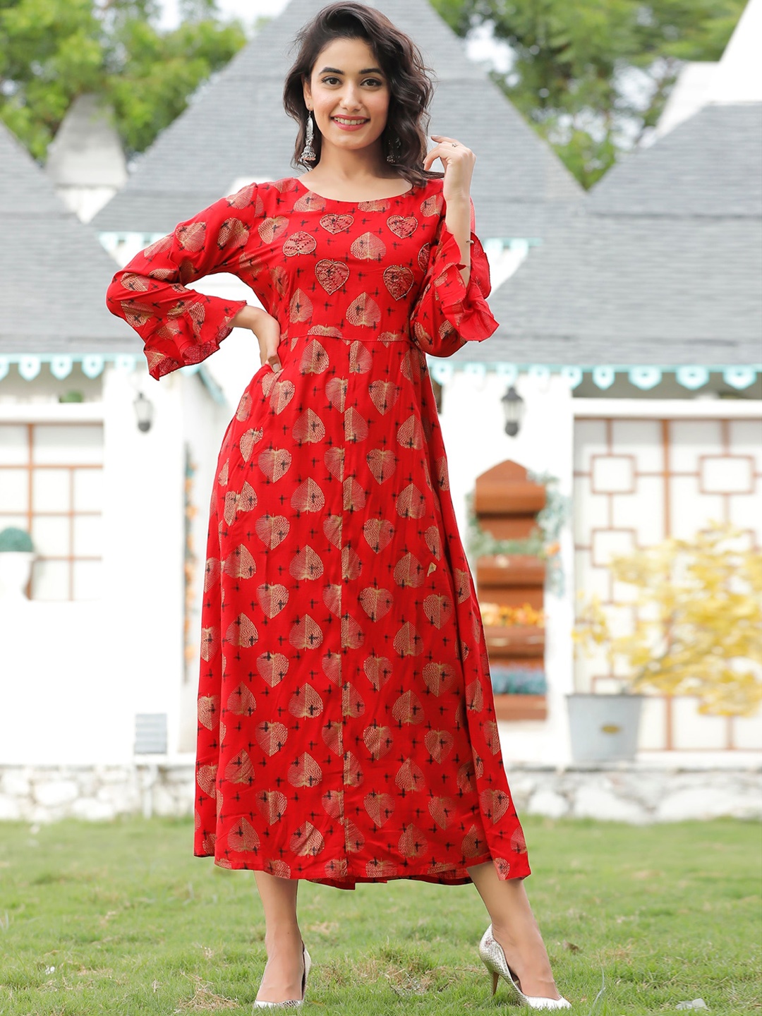 

DORIYA Women Red Printed Mirror Work Floral Kurta