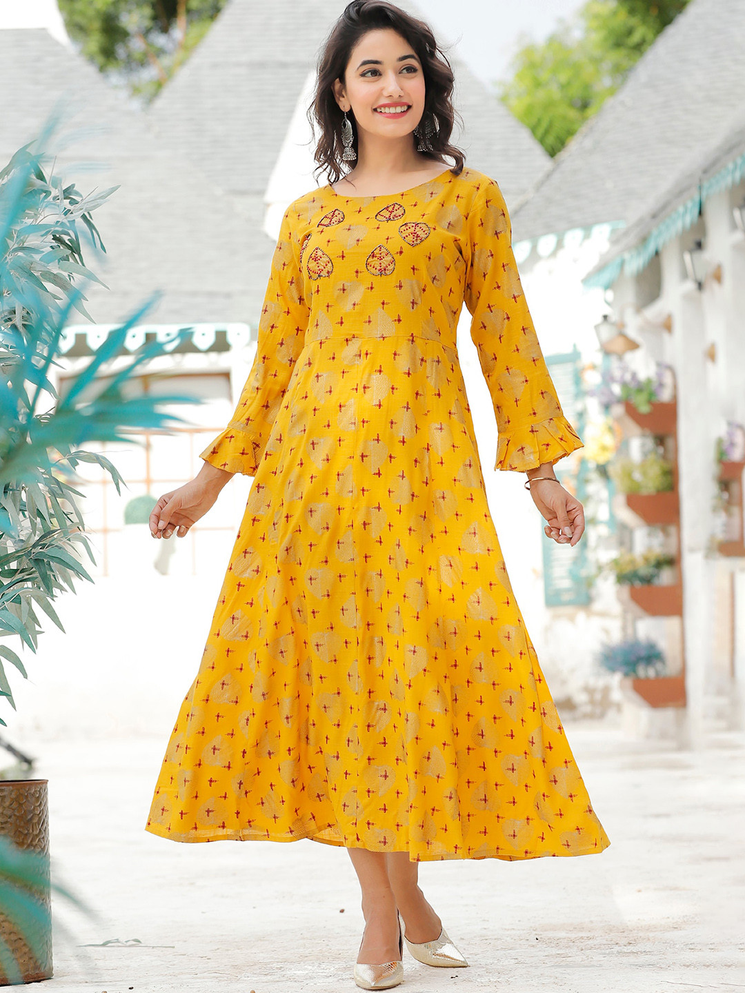 

DORIYA Women Mustard Yellow Printed Floral Anarkali Kurta