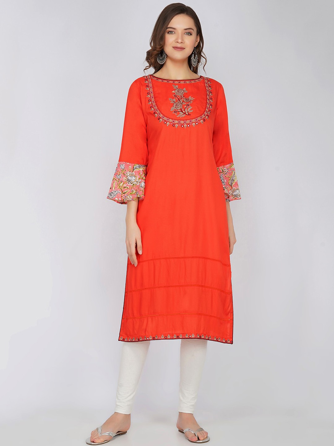 

VAHSON Women Orange Ethnic Motifs Embroidered Flared Sleeves Thread Work Kurta
