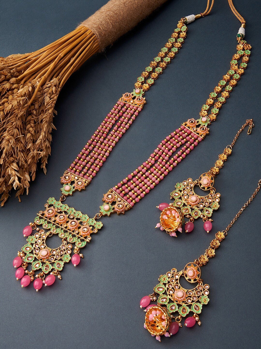 

Zaveri Pearls Gold-Plated Pink & Green Stone-Studded & Beaded Jewellery Set