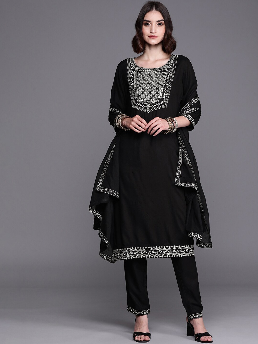 

INDYES Women Black Yoke Design Zardozi Pure Cotton Kurta with Trousers & With Dupatta