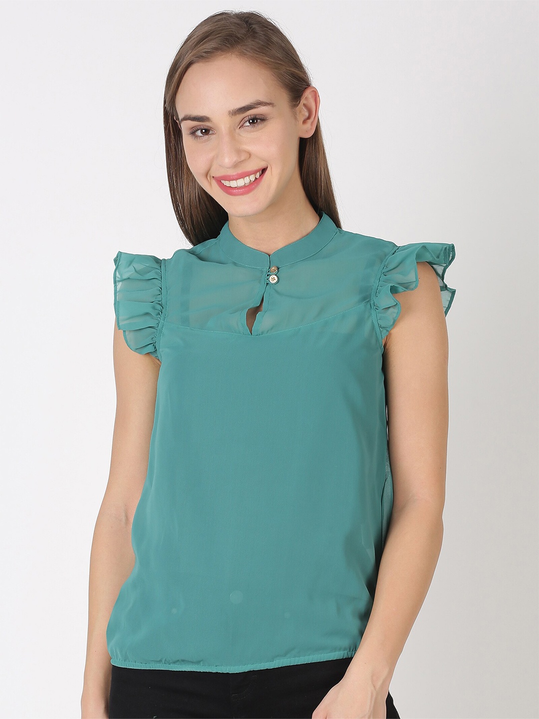 

kriatma Green Mandarin Collar Ruffles Sheer Georgette Top