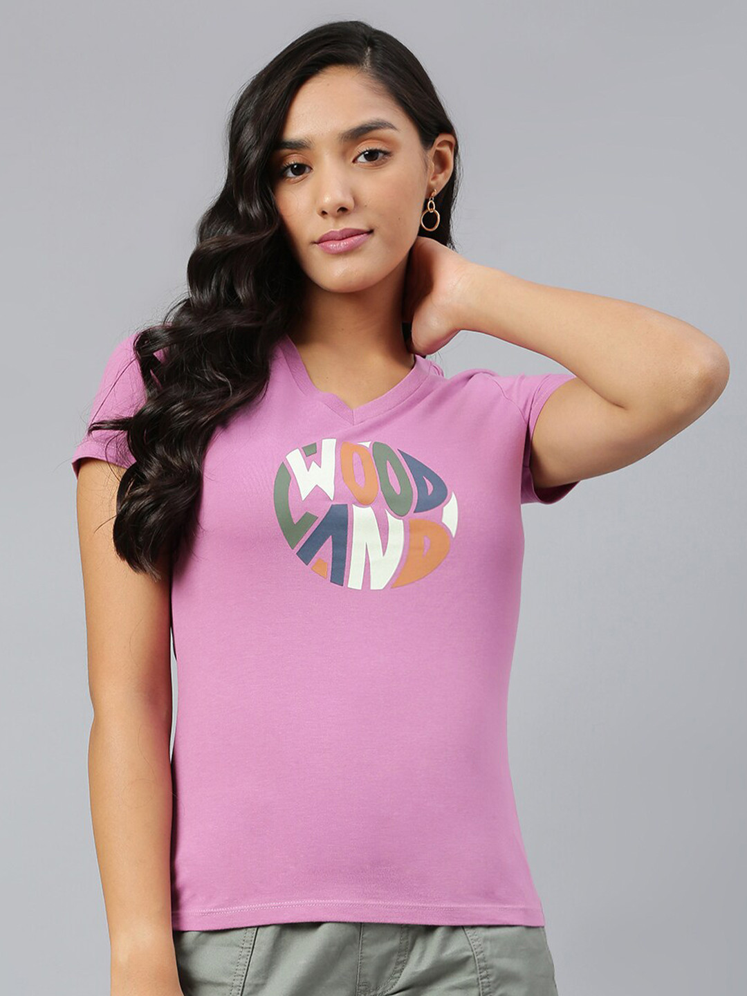 

Woodland Women Mauve Typography Printed V-Neck T-shirt