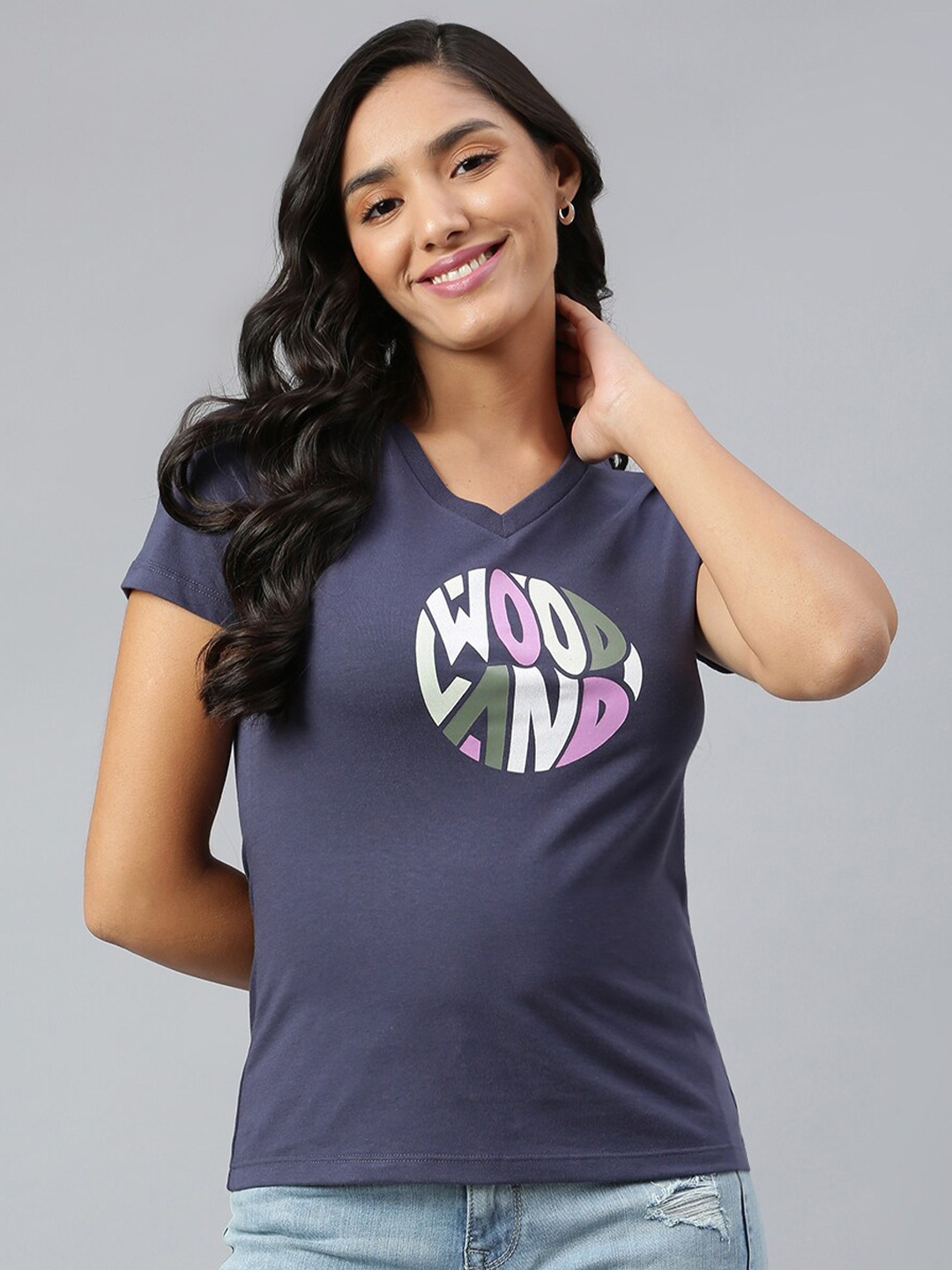 

Woodland Women Blue Typography Printed V-Neck Applique T-shirt