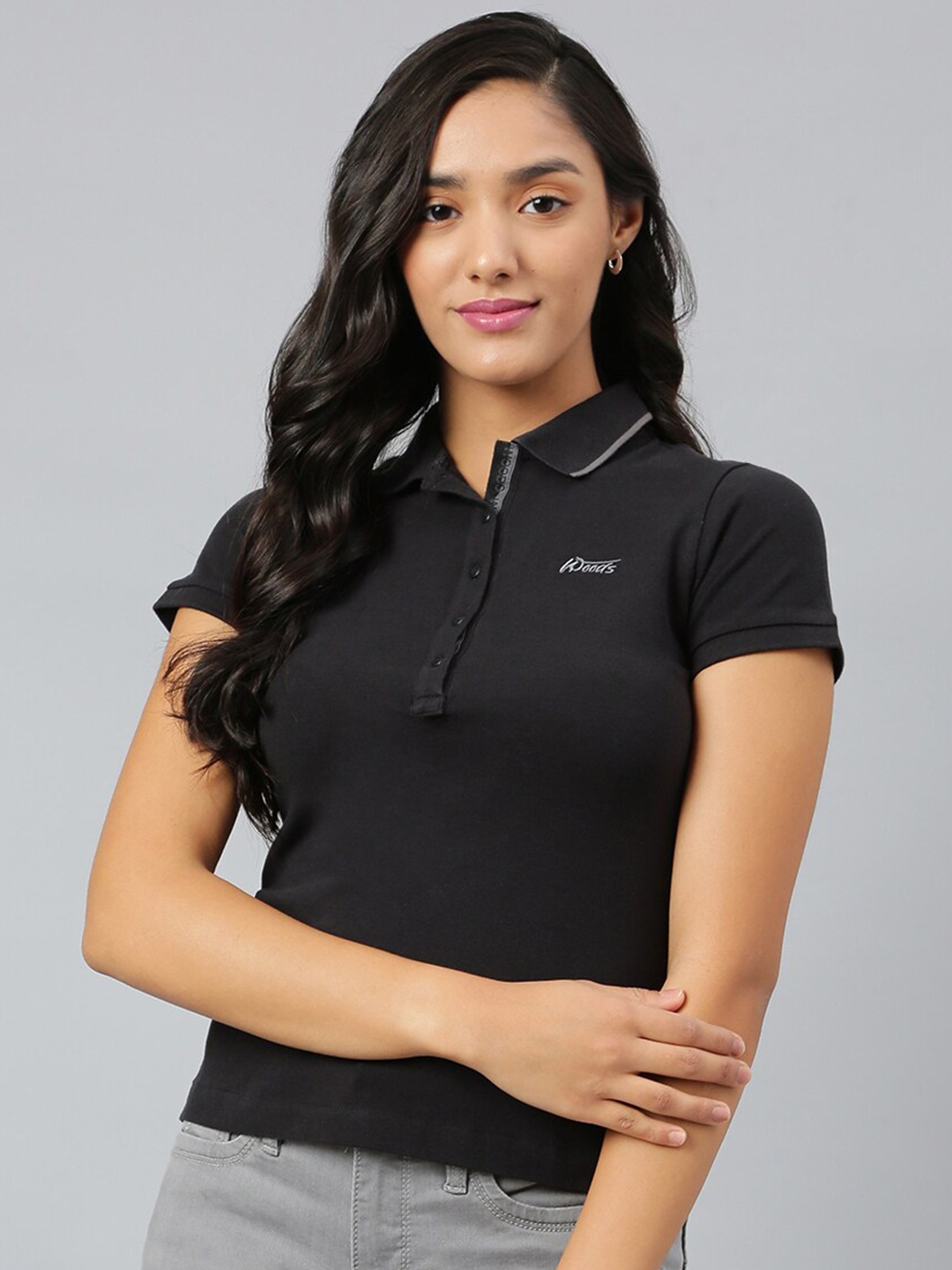 

Woods Women Black Polo Collar T-shirt
