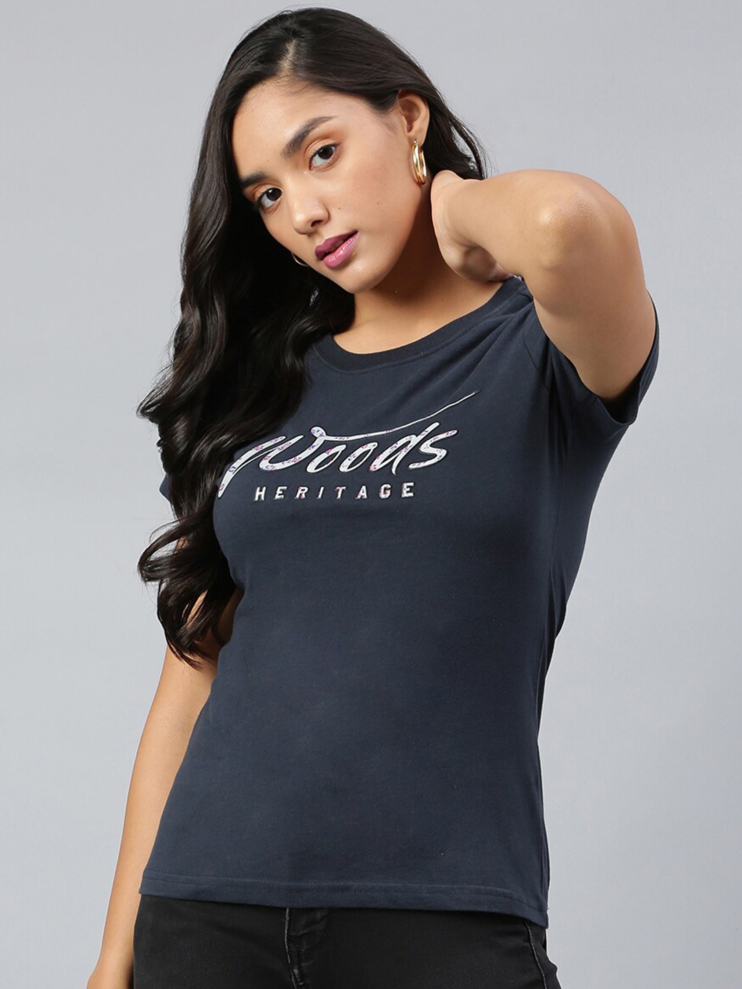 

Woods Women Navy Blue Typography T-shirt