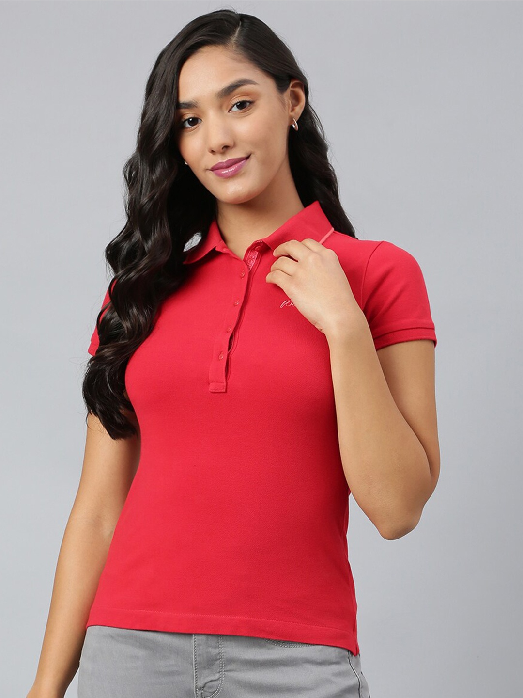 

Woods Women Red Polo Collar T-shirt