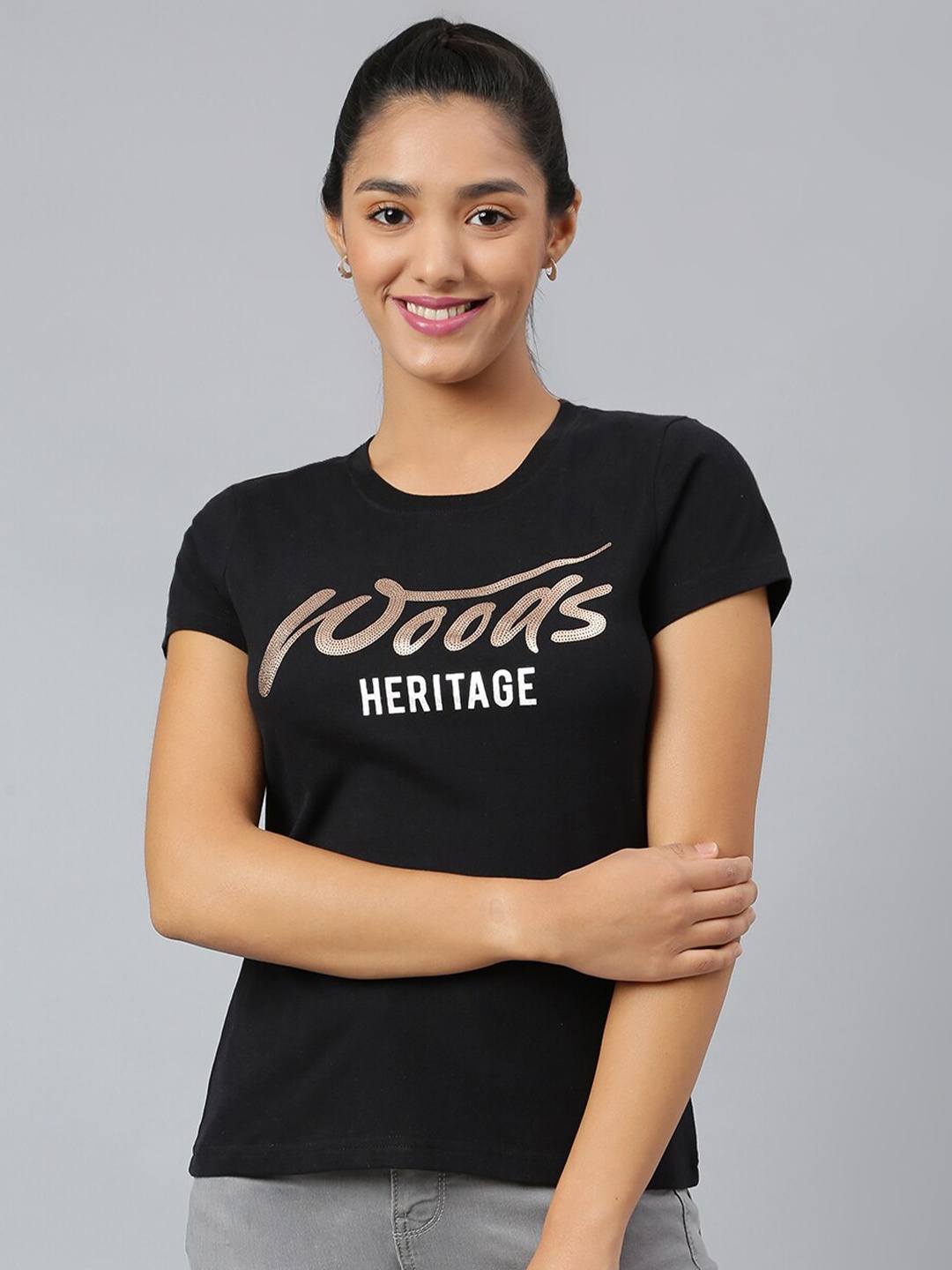 

Woods Women Black Typography Printed T-shirt