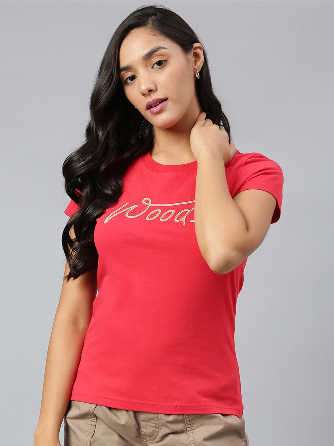 

Woods Women Red Typography V-Neck Extended Sleeves T-shirt