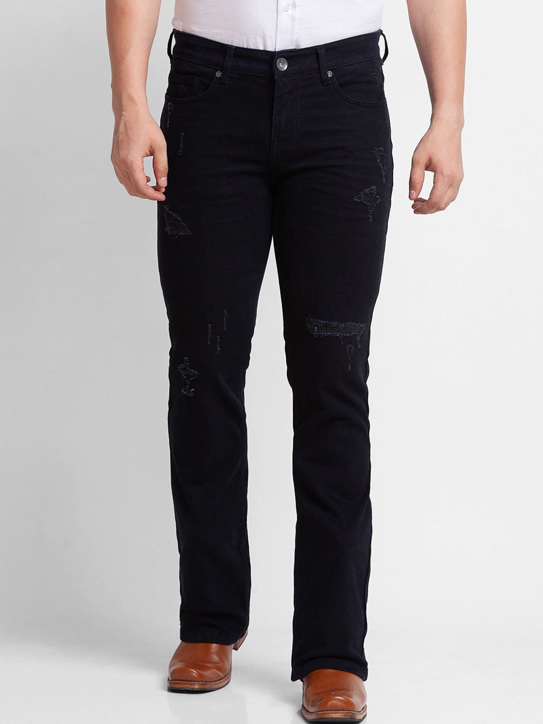 

mode de base Men Navy Blue Bootcut Highly Distressed Stretchable Jeans