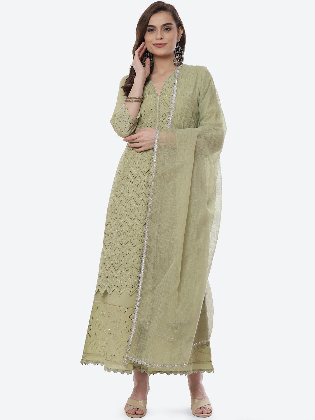 

Biba Women Green Striped Layered Pure Cotton Kurti with Palazzos & With Dupatta