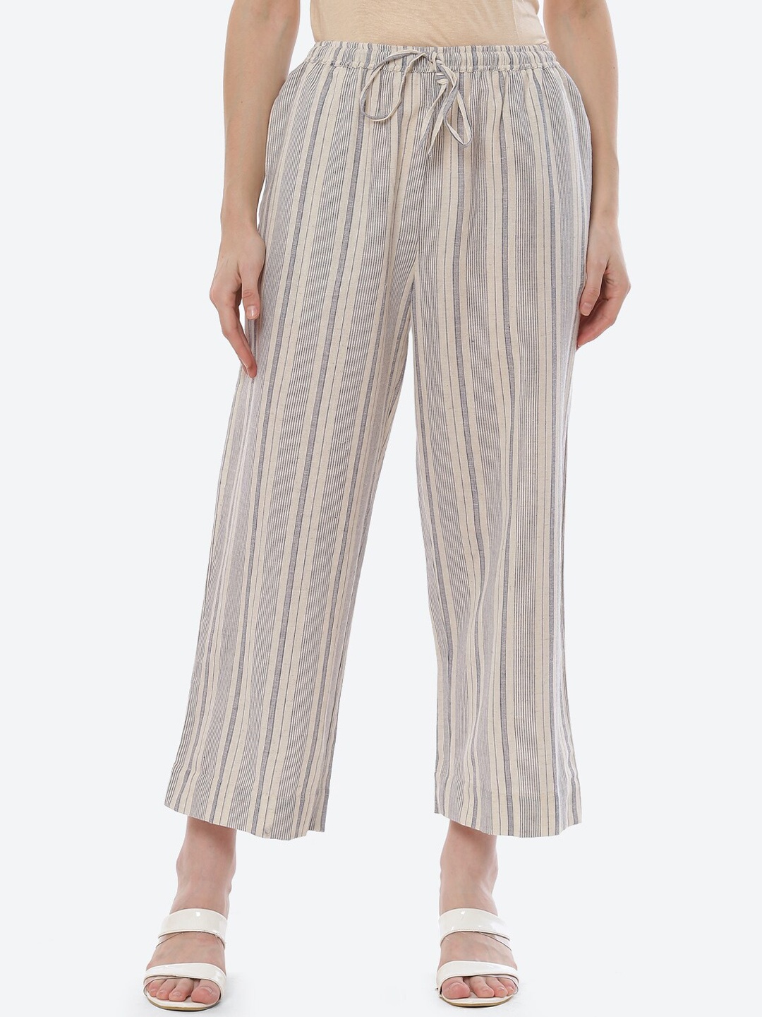 

Biba Women Beige Striped Relaxed Straight Fit Trousers