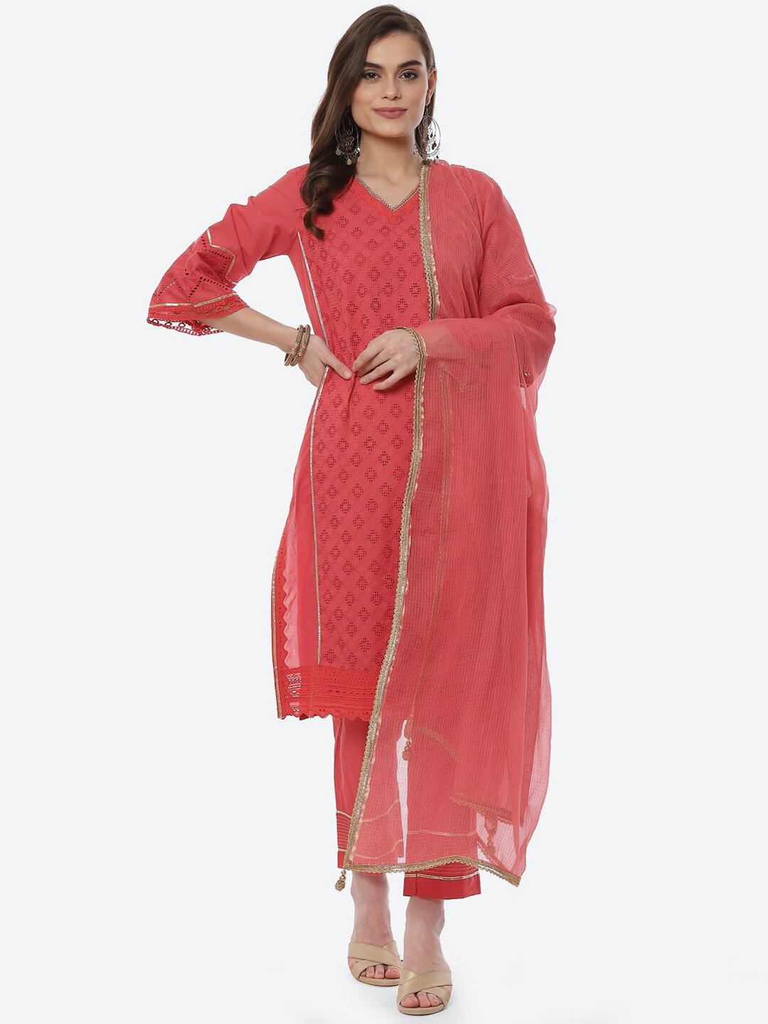 

Biba Women Red Printed Pure Cotton Kurta with Trousers & With Dupatta