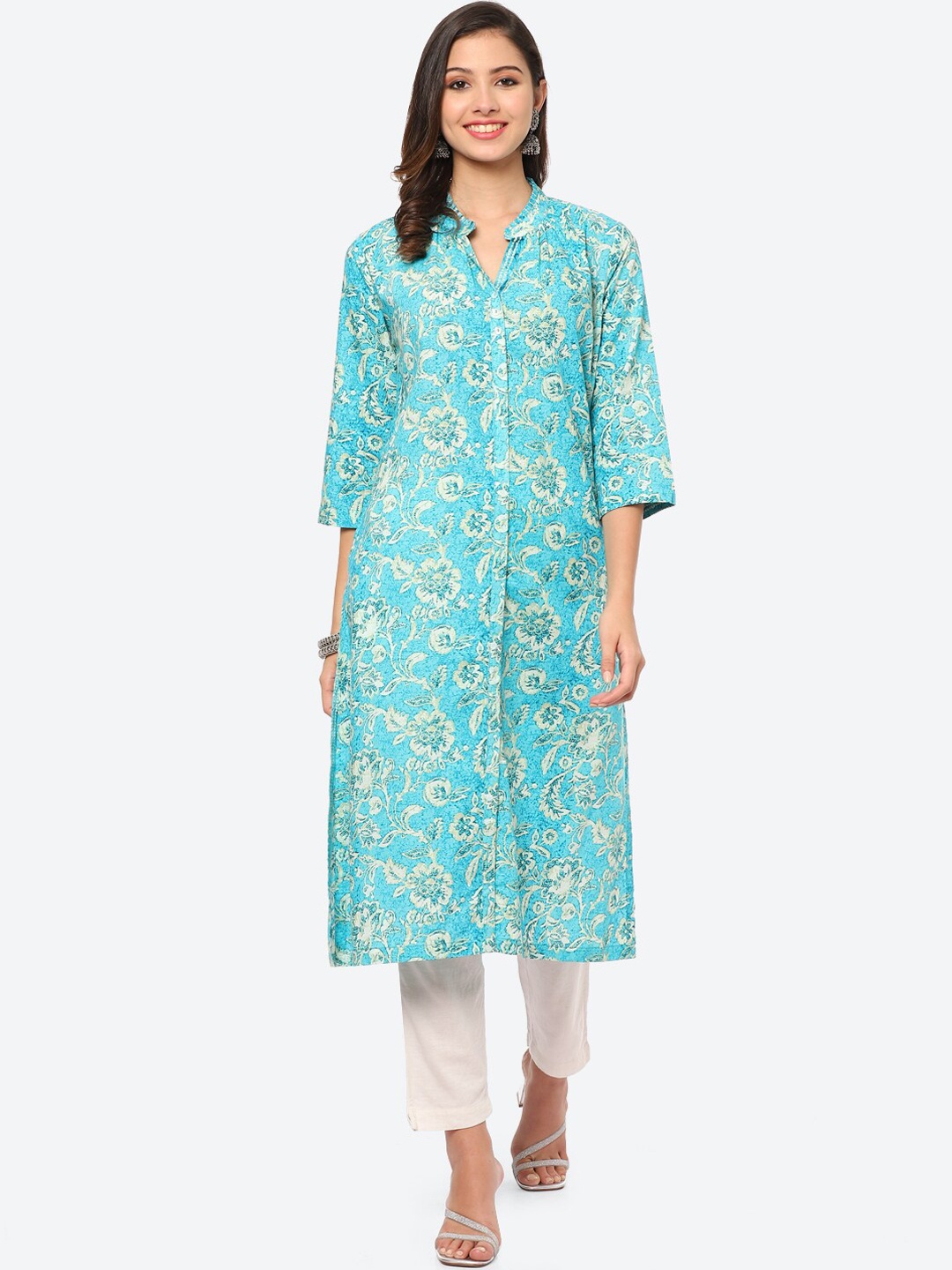 

Biba Women Turquoise Blue & zephyr blue Ethnic Motifs Printed Kurta