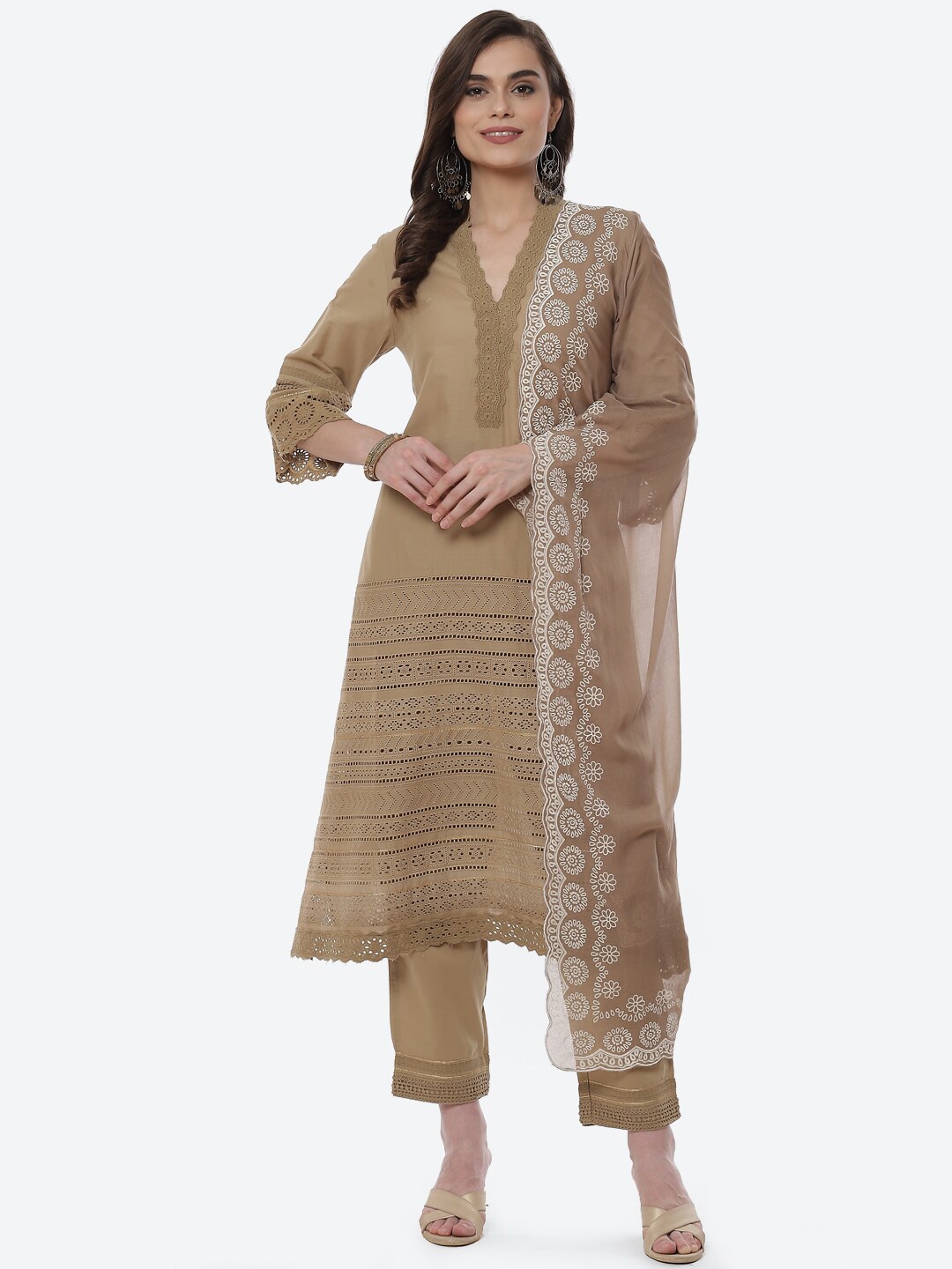 

Biba Women Off White Pure Cotton Kurta with Trousers & With Dupatta