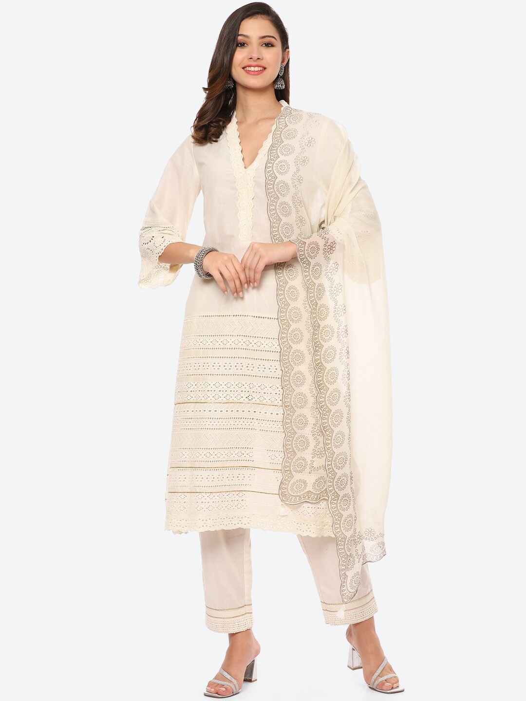 

Biba Women Off White Embroidered Layered Pure Cotton Kurta with Trousers & With Dupatta