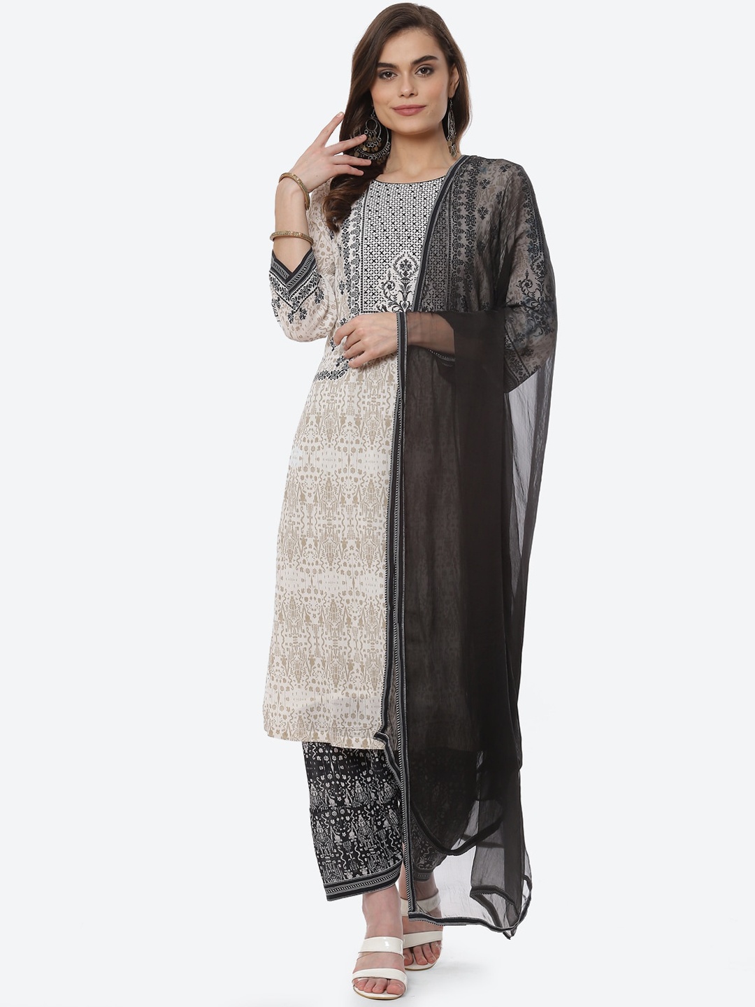 

Biba Women Black Printed Kurti with Trousers & With Dupatta