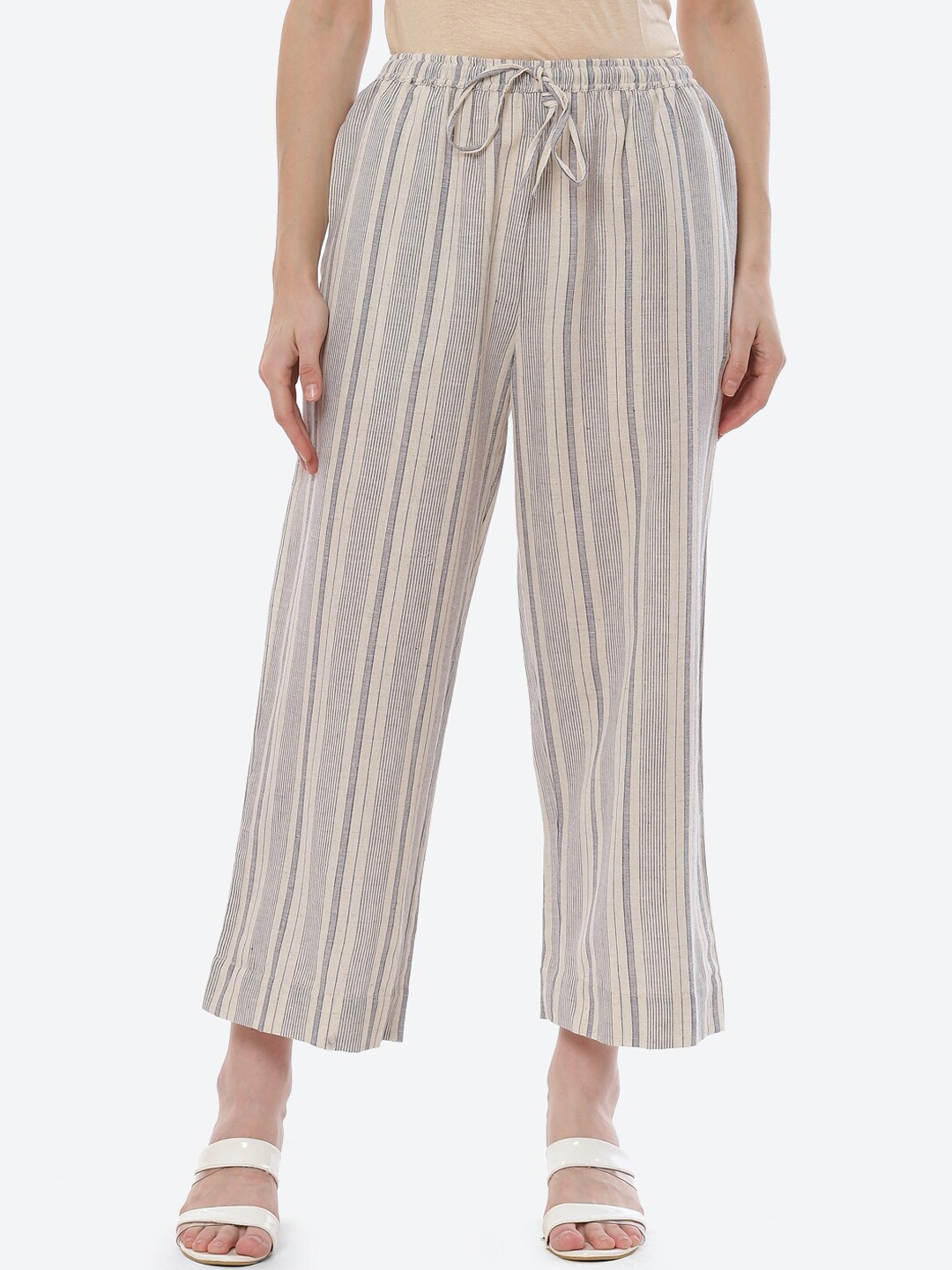 

Biba Women Beige Striped Relaxed Straight Fit Trousers