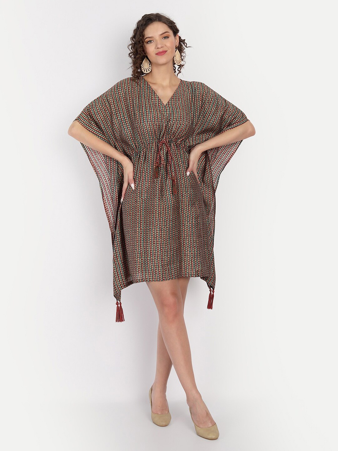 

JIRON Brown Kaftan Midi Dress With Waist Tie Up