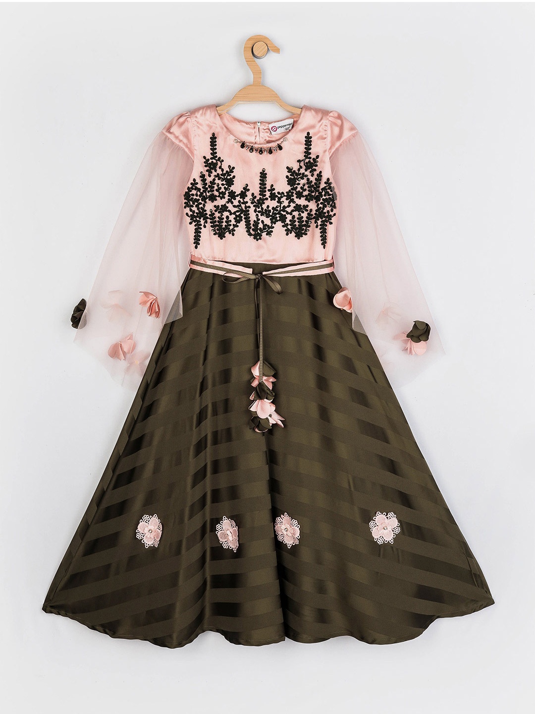 

Peppermint Olive Green & slate black Floral Maxi Dress