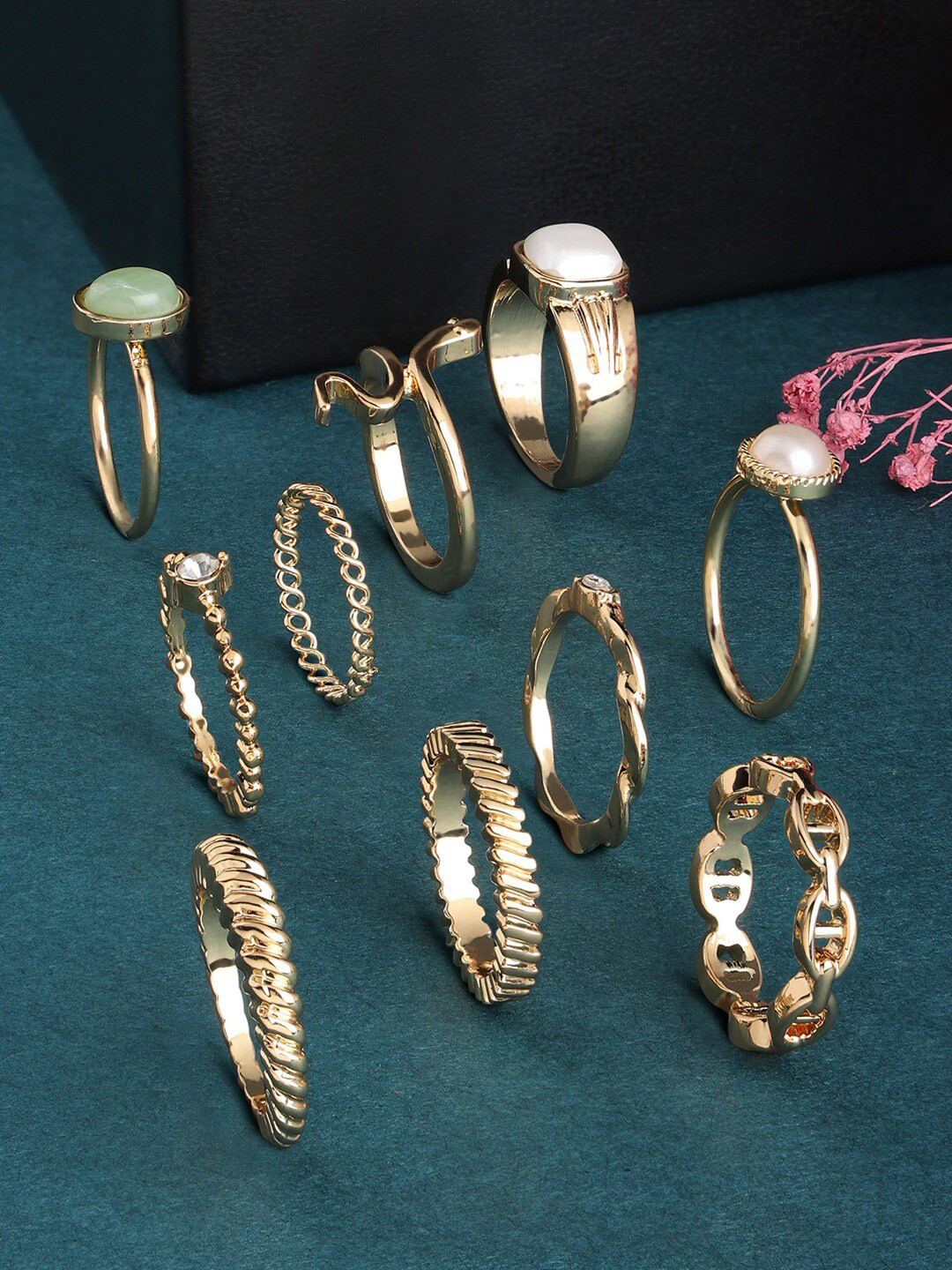 

Zaveri Pearls Set Of 10 Gold-Plated Artificial Stones Studded Finger Ring