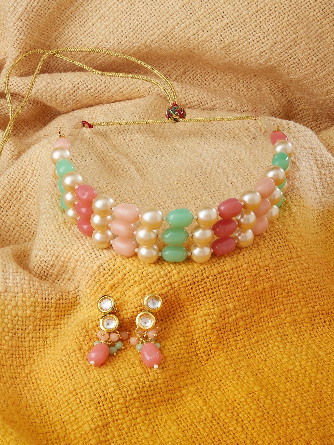 

Zaveri Pearls Gold-Plated Green & Pink Beaded Jewellery Set