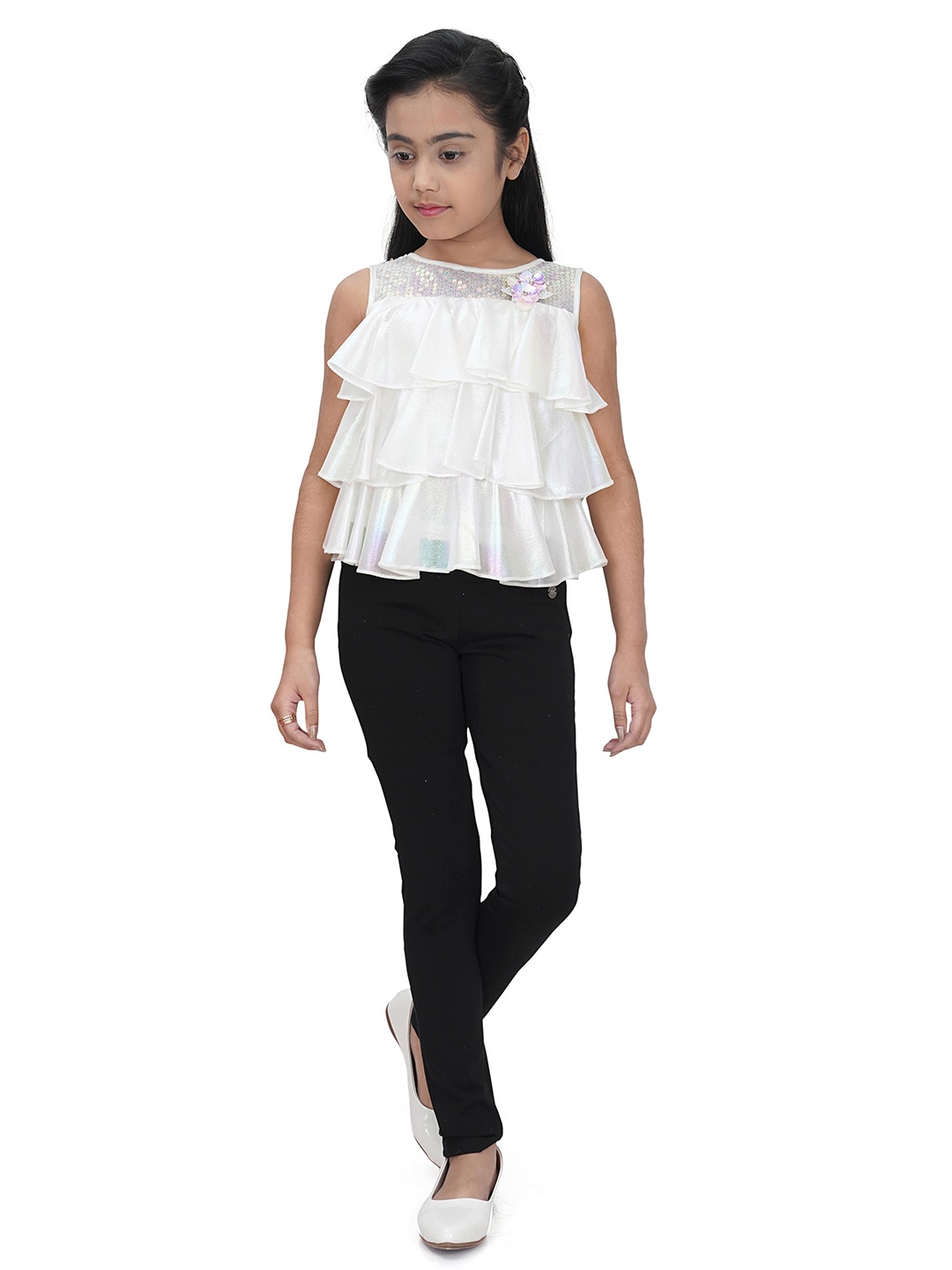 

Tiny Girl White & light cyan Tiered Top