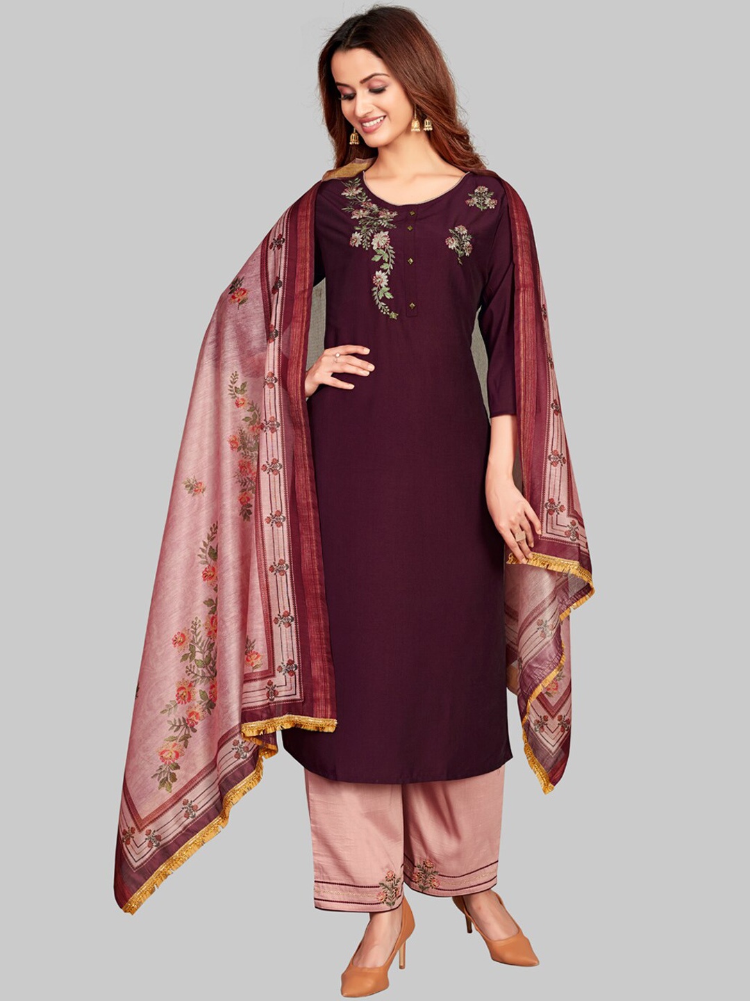 

7TH FAB Women Purple Embroidered Panelled Pure Silk Kurti with Salwar & With Dupatta