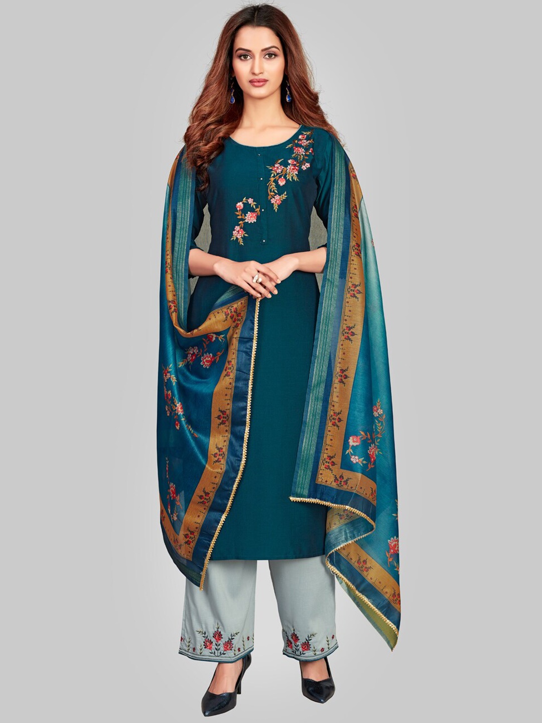 

7TH FAB Women Blue Floral Embroidered Panelled Pure Silk Kurti with Salwar & With Dupatta
