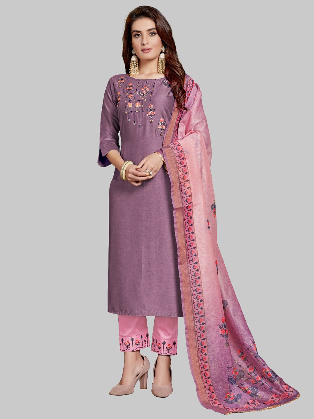 

7TH FAB Women Purple Floral Embroidered Layered Pure Silk Kurti with Skirt & With Dupatta