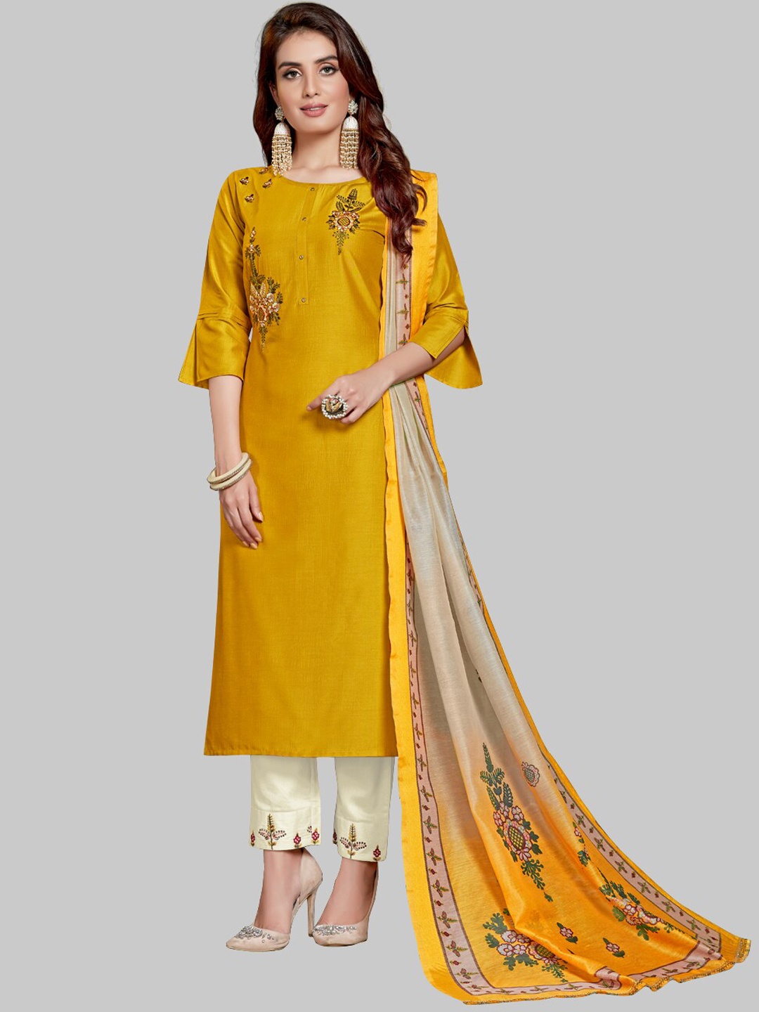 

7TH FAB Women Yellow Embroidered Layered Pure Silk Kurti with Skirt & With Dupatta