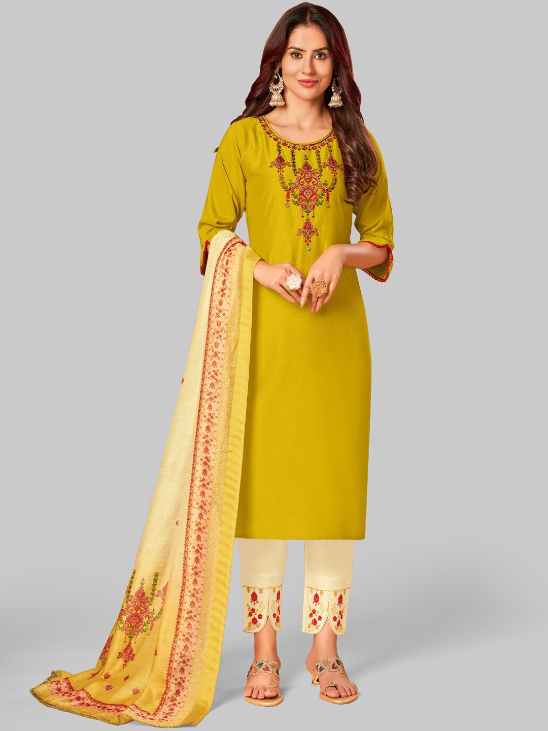 

7TH FAB Women Yellow Floral Yoke Design Panelled Pure Silk Kurti with Churidar & With Dupatta