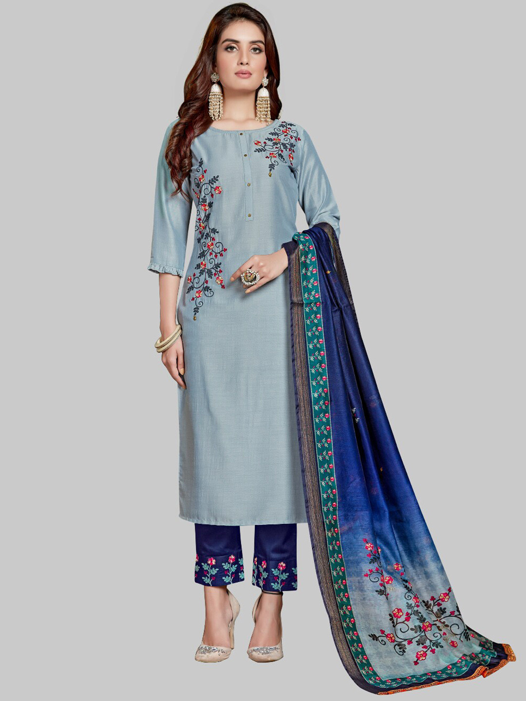 

7TH FAB Women Blue Floral Yoke Design Empire Pure Silk Kurti with Skirt & With Dupatta
