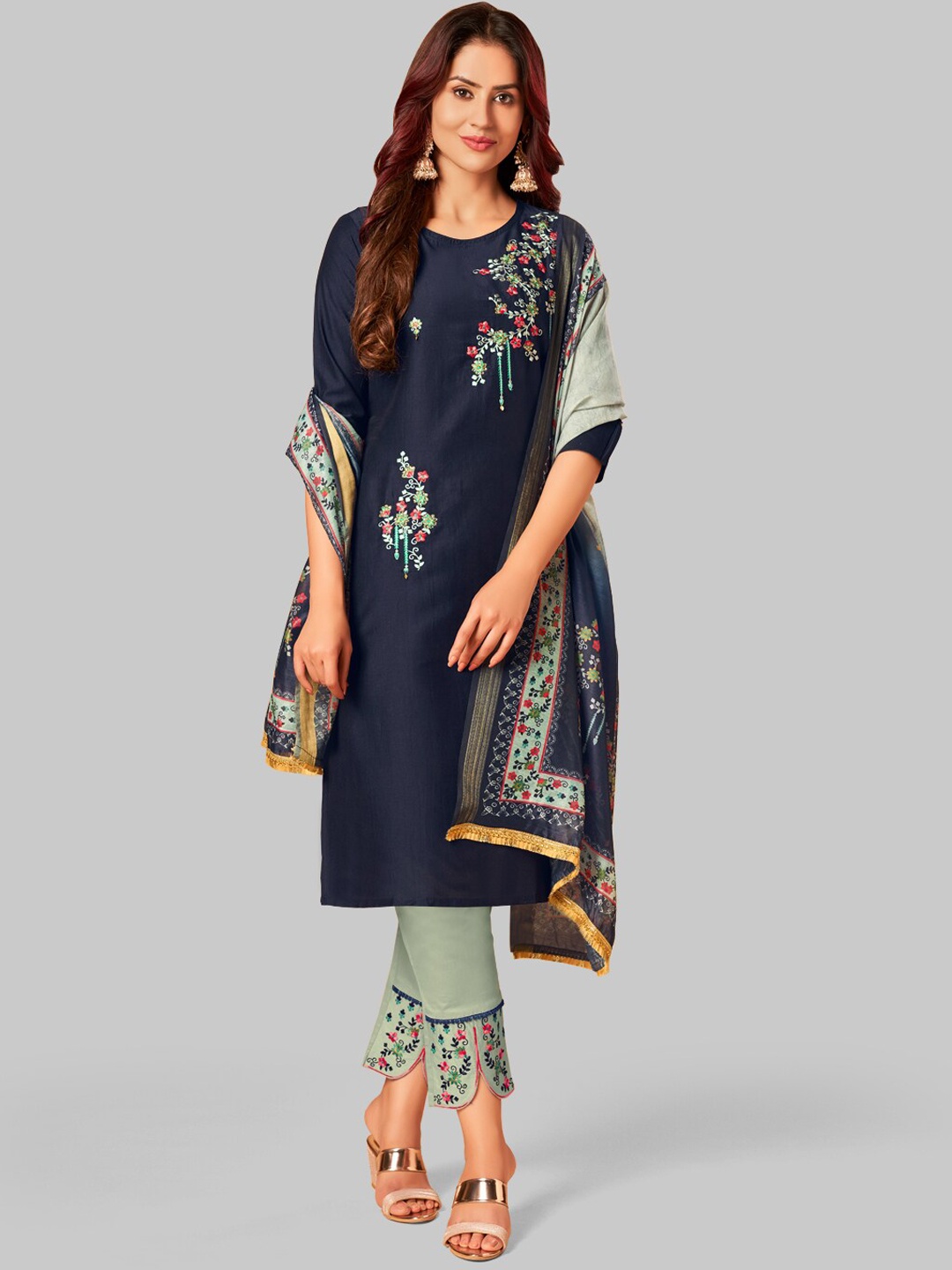 

7TH FAB Women Blue Yoke Design Pleated Pure Silk Kurti with Trousers & With Dupatta