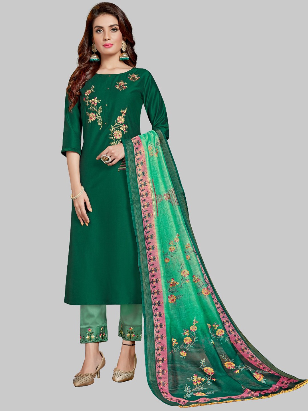 

7TH FAB Women Green Floral Embroidered Panelled Pure Silk Kurti with Skirt & With Dupatta