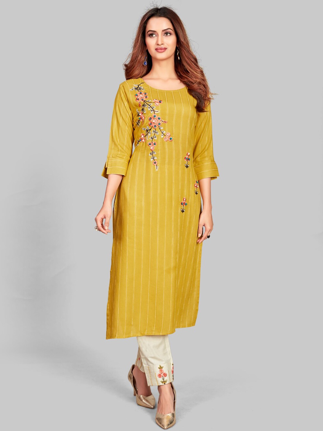 

7TH FAB Women Yellow Embroidered Pleated Kurti with Sharara
