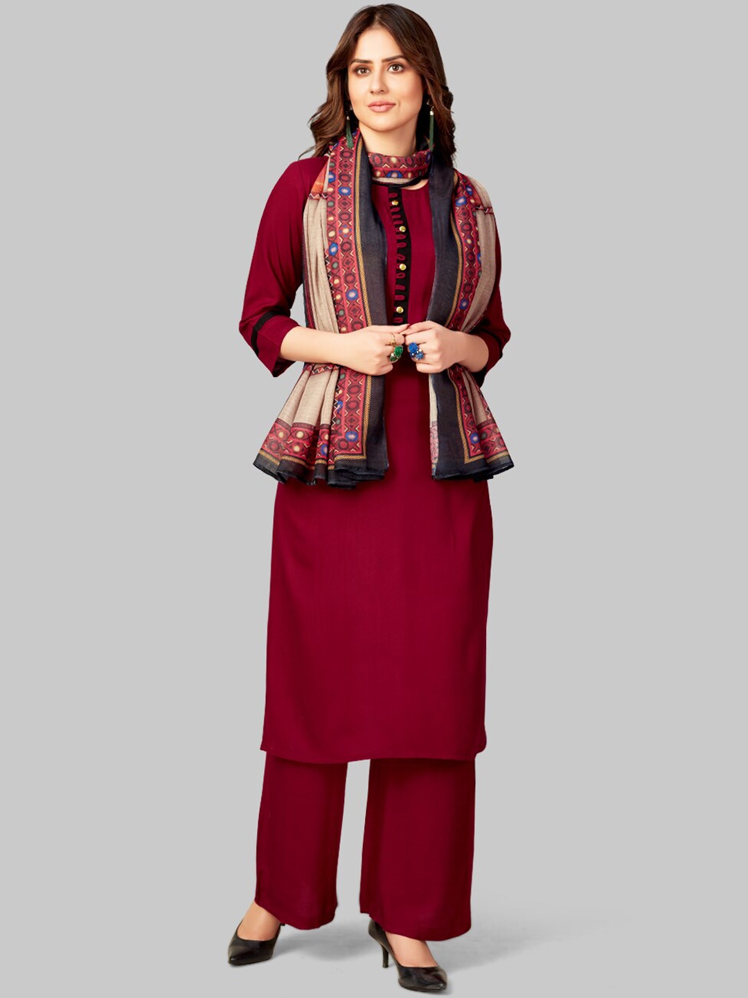 

7TH FAB Women Maroon Rayon Slub Straight Kurta With Palazzos & Dupatta