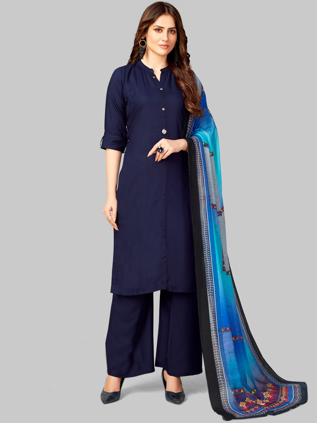

7TH FAB Women Blue Rayon Slub Straight Kurta With Palazzos & Dupatta