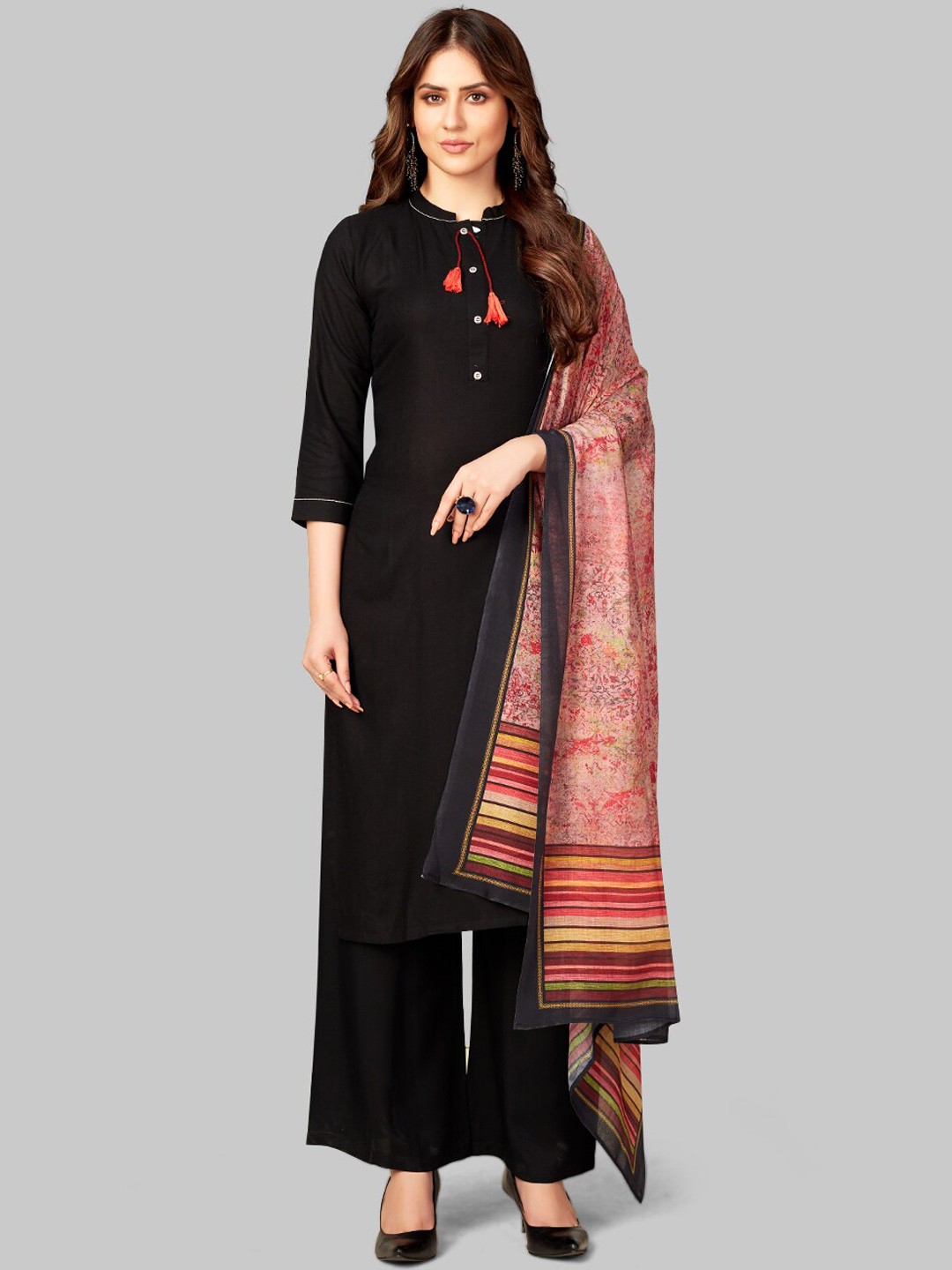 

7TH FAB Women Black Rayon Slub Straight Kurta With Palazzos & Dupatta